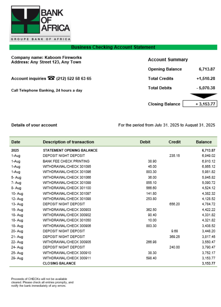 Relevé de compte courant de l'organisation bancaire Burundi Bank of Africa Format Word et PDF